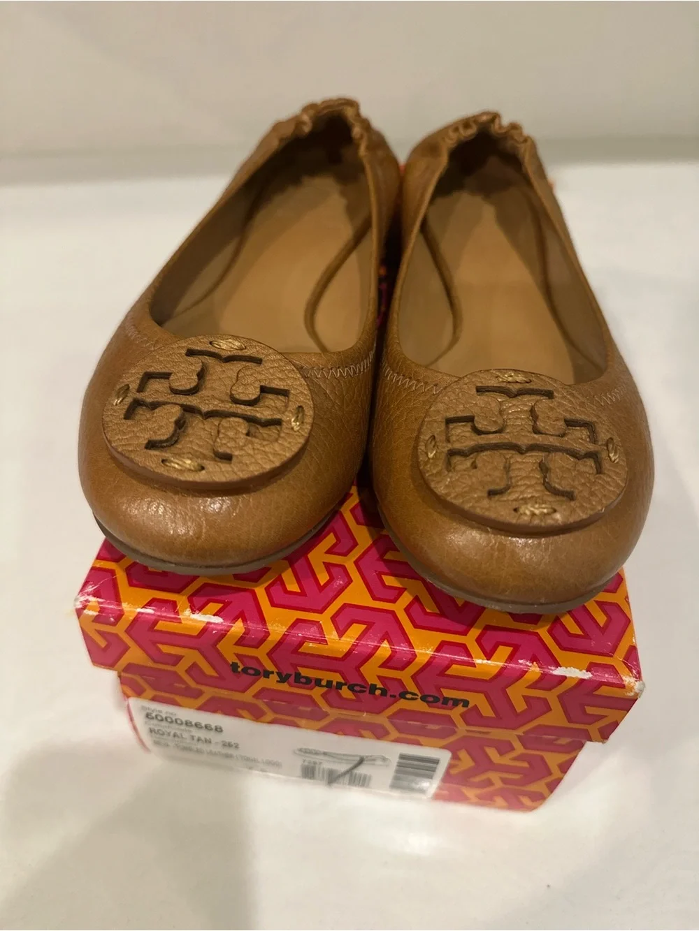 Tory Burch Cognac Leather Logo Ballet Flats